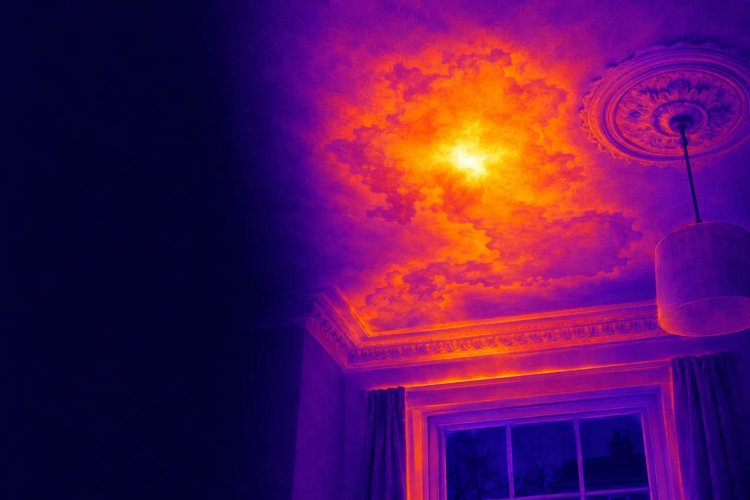 Thermal illustration of water from a hidden leak spreading through a ceiling below a bathroom