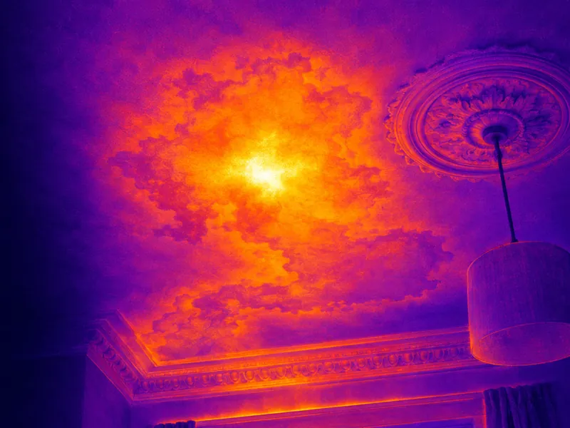Thermal illustration of water from a hidden leak spreading through a ceiling below a bathroom