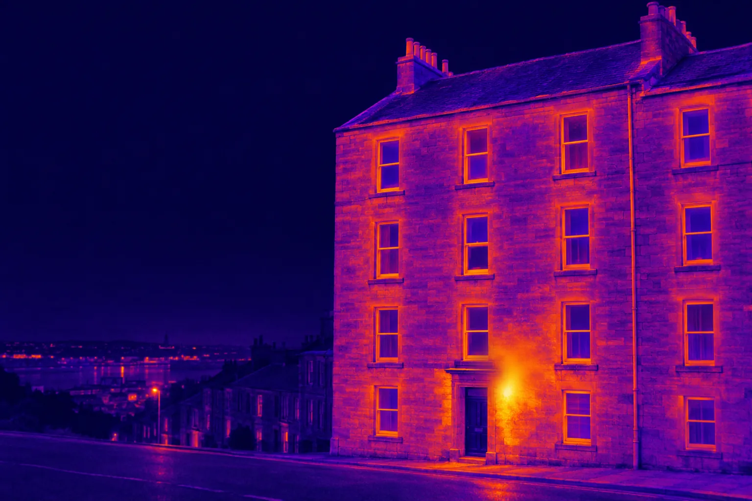 Thermal illustration of a stone tenement in Dundee with a warm patch low on the front wall beside the close