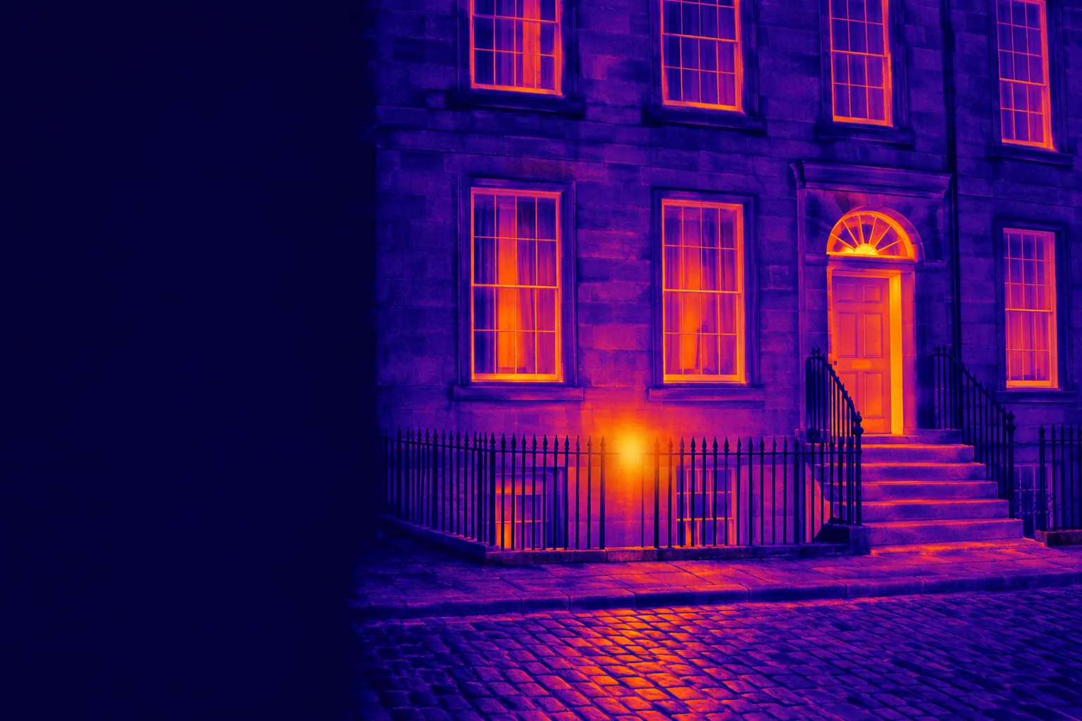 Thermal illustration of a Georgian terrace in Edinburgh's New Town with a warm patch on a basement wall