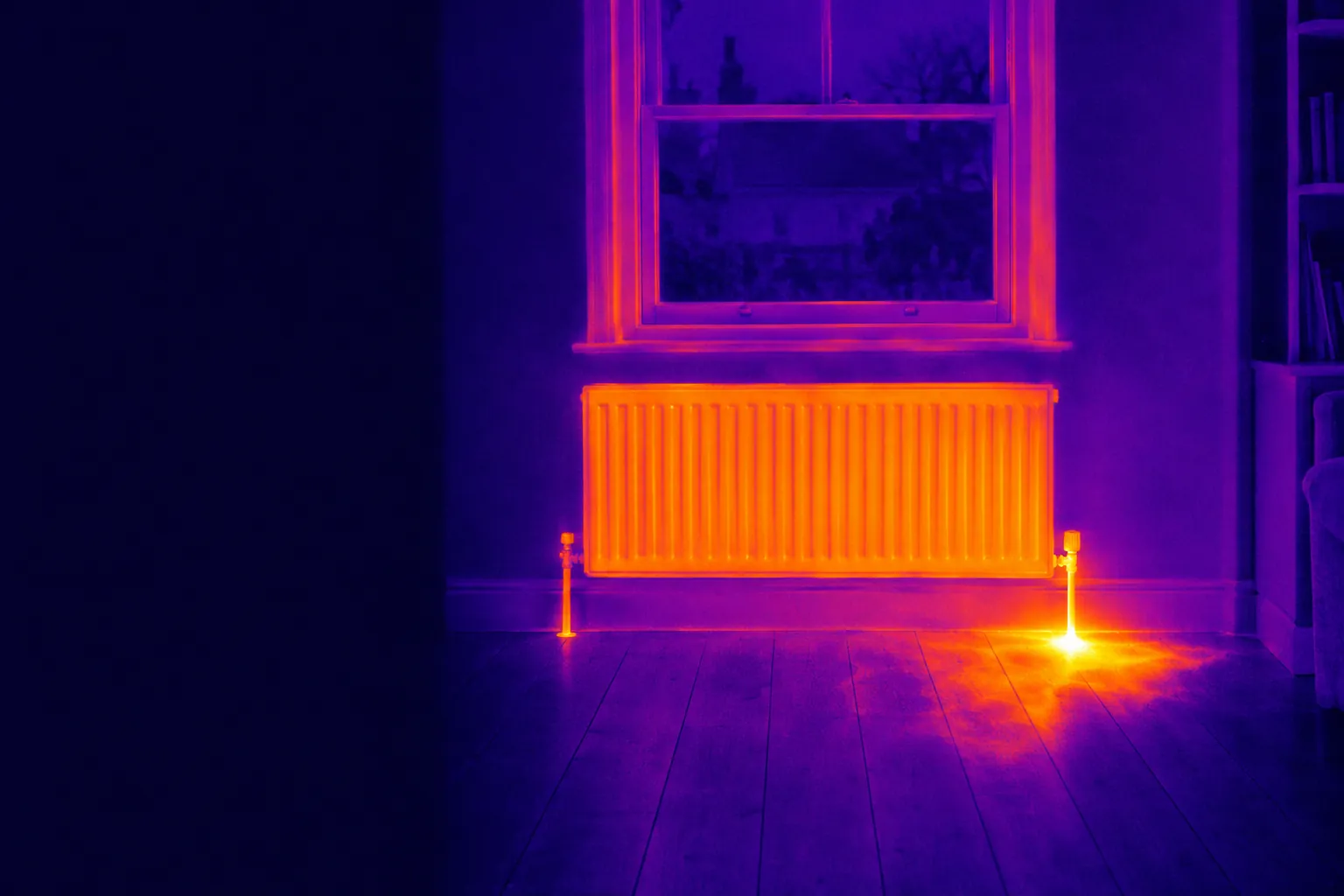 Thermal illustration of a central heating pipe leaking under the floor beside a radiator