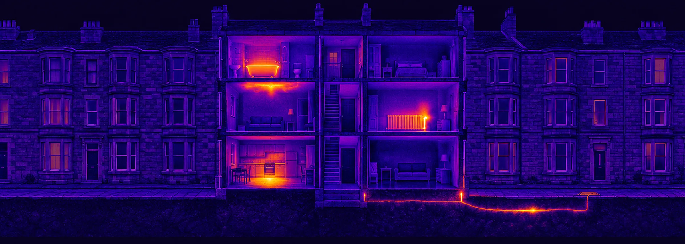 Thermal illustration of a sandstone tenement cut open between its neighbours to show four hidden leaks: under a kitchen floor, at a radiator, in a ceiling below a bathroom and on the underground supply pipe
