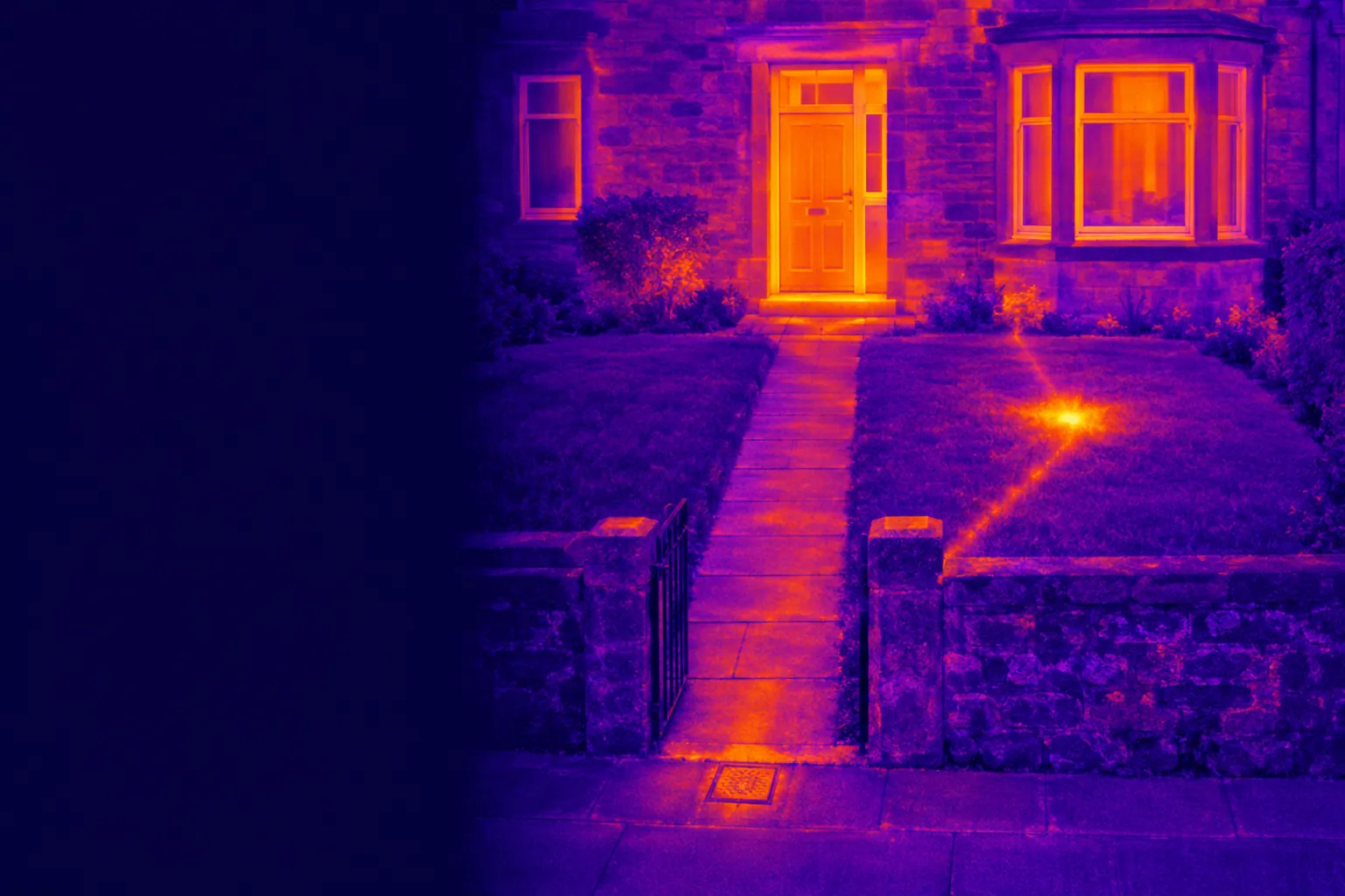 Thermal illustration of an underground water supply pipe leaking under a front lawn, between the pavement stopcock and the house